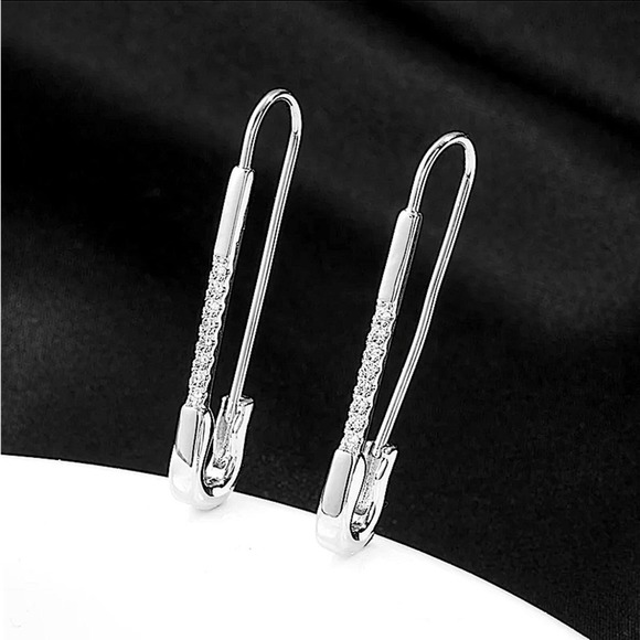 Silver Zircon Safety Pin Earrings, Minimalist, Punk, Gift For Teenager - Picture 6 of 9